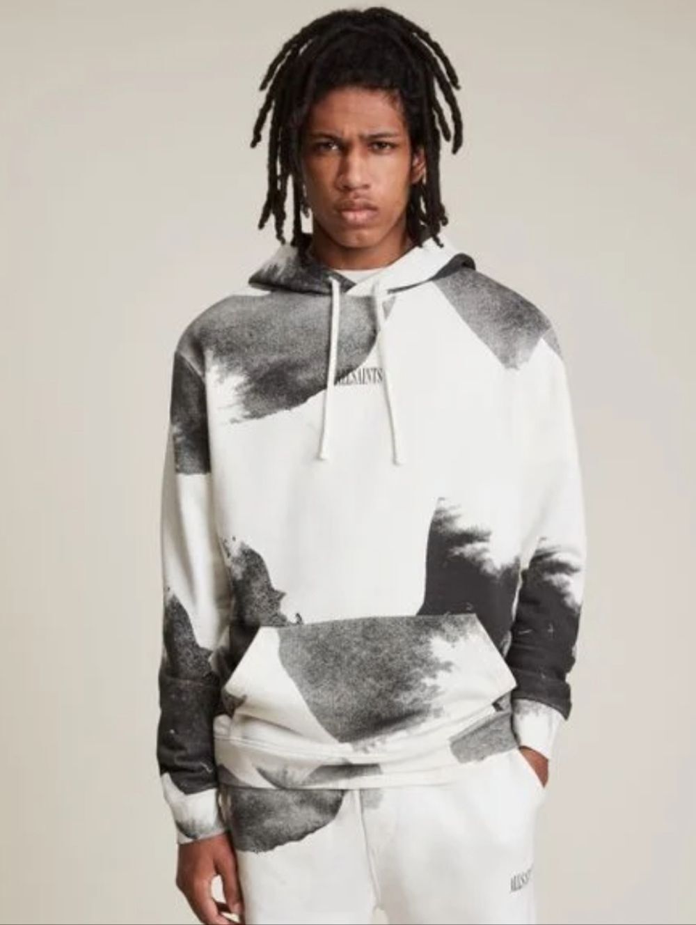 AllSaints Mens White Gray Santana Abstract Cotton Hoodie Size XXL - Picture 3 of 11